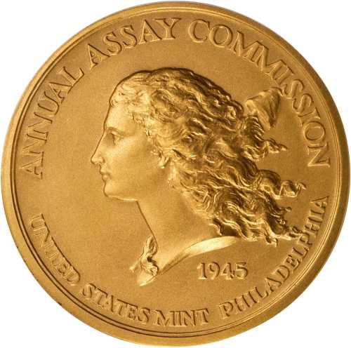 1945 Assay Commission Medal. Yellow Bronze. 68 mm. JK-AC-90. Rarity-7. Specimen-66 (PCGS).