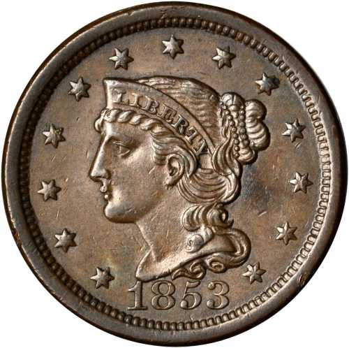 1853 Braided Hair Cent. N-12. Rarity-1. MS-60 BN.