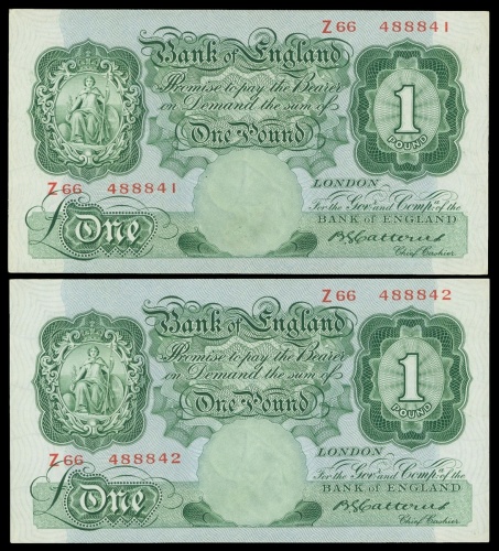 1929-34年英伦银行纸币二枚一组，面值一镑，编号Z66 488841-2, 均EF品相