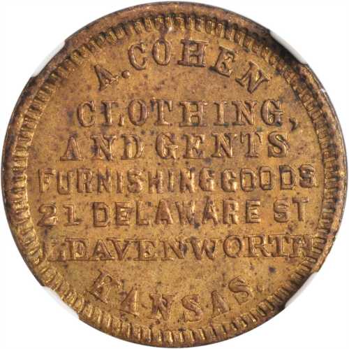 Kansas--Leavenworth. 1863 Adolph Cohen. Fuld-550A-1b. Rarity-8. Brass. 19 mm. MS-61 (NGC).