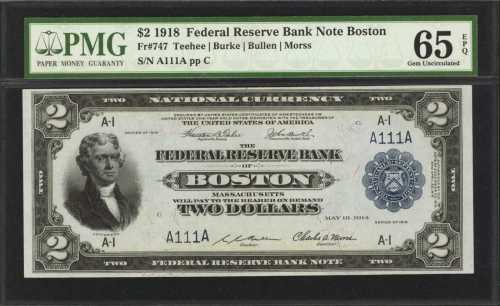 Fr. 747. 1918 $2 Federal Reserve Bank Note. Boston. No. A111A. PMG Gem Uncirculated 65 EPQ.