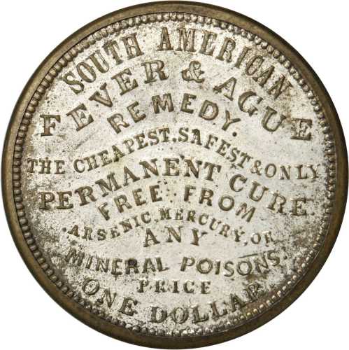 New York, New York. 1865 South American Fever & Ague Remedy. Bowers NY-7680. Silvered brass. 38 mm. 