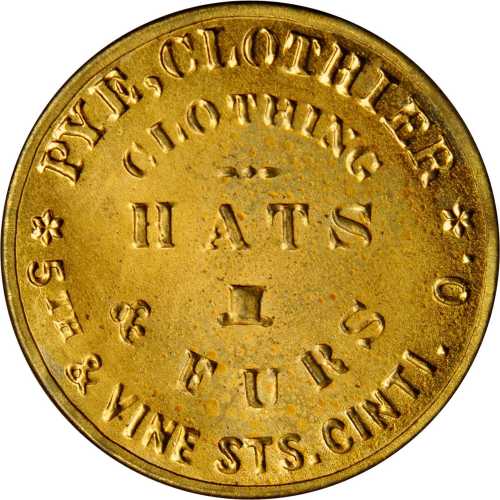 Ohio, Cincinnati. 1868 Pye, Clothier. Bowers OH-1302. Gilt brass. 34 mm. Choice Mint State.