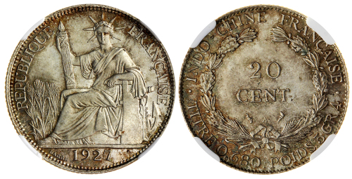 1927A法属安南20分银币，NGC MS66 高评级