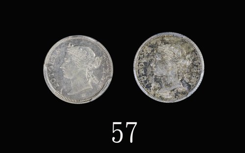 1872H、82H年香港维多利亚银币五仙，72H阿拉伯1，两枚评级品1872H & 82H Victoria Silver 5 Cents (Ma C8), Arabic 1 for 72H. PCG
