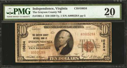 Independence, Virginia. $10 1929 Ty 1. Fr. 1801-1. The Grayson County NB. Charter #10834. PMG Very F