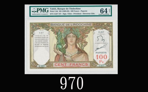 1963-65年大溪地印支银行100法郎1963-65 Tahiti Banque de l Indochine 100 Francs, ND, s/n Z.227 157. PMG NET64 Ch