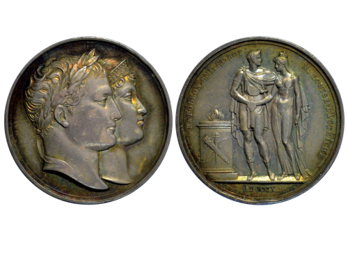 1810年法国拿破崙与玛丽·露易丝·库伯婚礼的青铜纪念章，32mm，近未使用