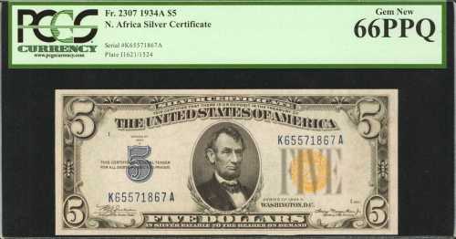 Fr. 2307. 1934 $5 North Africa Emergency Note. PCGS Gem New 66 PPQ.