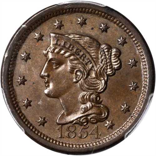 1854 Braided Hair Cent. N-3. Rarity-1. MS-64 BN (PCGS).