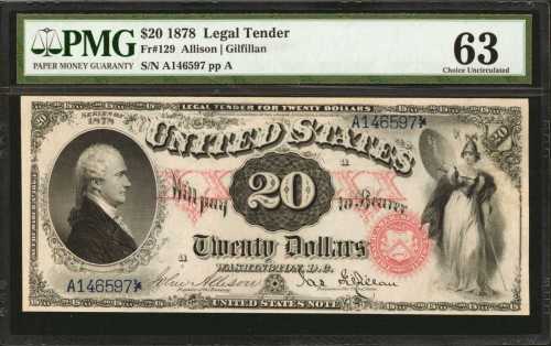 Fr. 129. 1878 $20 Legal Tender Note. PMG Choice Uncirculated 63.