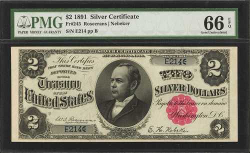 Fr. 245. 1891 $2 Silver Certificate. No.E214. PMG Gem Uncirculated 66 EPQ.