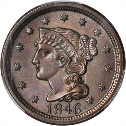1846 Braided Hair Cent. N-14. Rarity-3. Tall Date. Unc Details--Cleaned (PCGS).