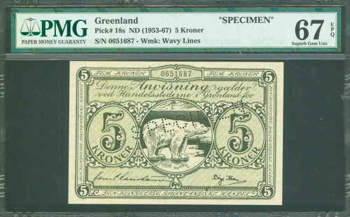 1953-67年格陵兰政府5克朗样钞，编号0651687，PMG67EPQ, 纪录中最高评分