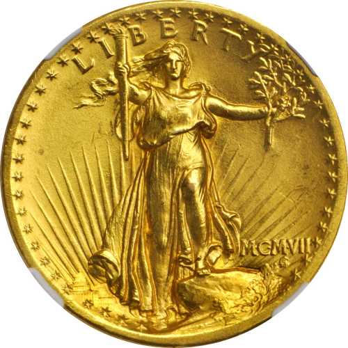 MCMVII (1907) Saint-Gaudens Double Eagle. High Relief. Flat Rim. Unc Details--Obverse Cleaned (NGC).