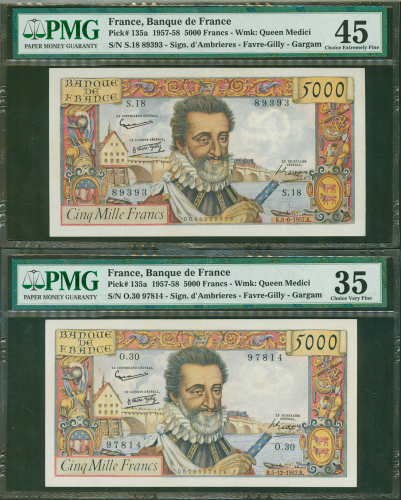 法国银行5000法郎2枚一组，1957年编号S.18 89393及1958年编号O.30 97814， 分别评PMG45及PMG35