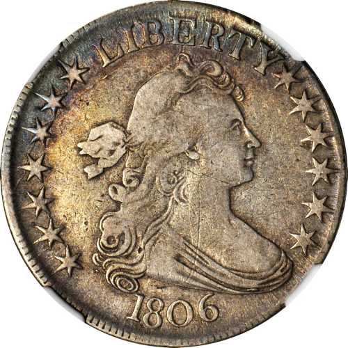 1806 Draped Bust Half Dollar. O-120a, T-28. Rarity-4. Pointed 6, Stem Through Claw. VF-20 (NGC).