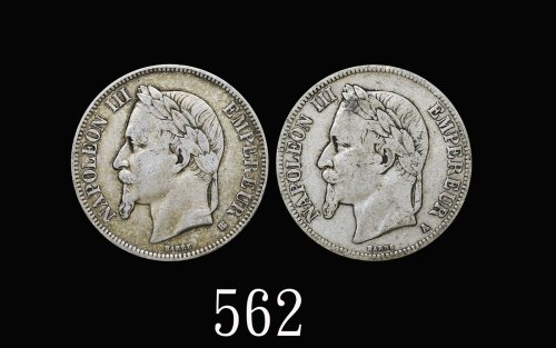 1868年法国拿破崙三世银币5法郎，两枚。均美 - 极美品1868 France Napoleon III Silver 5 Francas. Both VF-EF (2pcs)