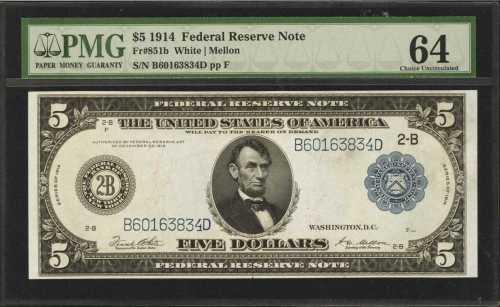 Fr. 851b. 1914 $5 Federal Reserve Note. New York. PMG Choice Uncirculated 64.