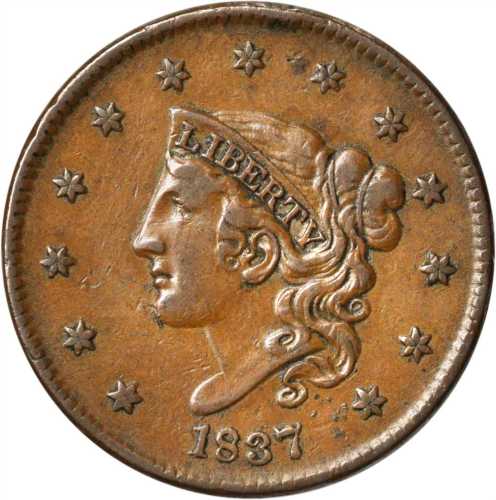 1837 Modified Matron Head Cent. N-6. Rarity-2. Plain Cord, Medium Letters. EF-40.