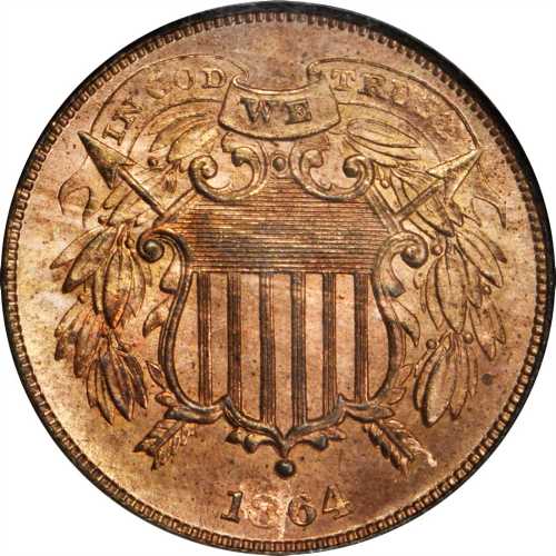 1864 Two-Cent Piece. FS-401. Small Motto. MS-64 RB (NGC).