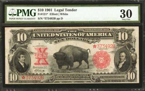 Fr. 121*. 1901 $10 Legal Tender Star Note. PMG Very Fine 30.