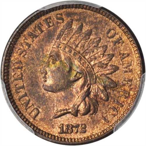 1872 Indian Cent. Bold N. MS-63 RB (PCGS).