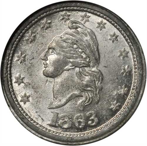 1863 French Liberty Head / Our Country. Fuld-1/229 e. Rarity-7. White Metal. 20 mm. MS-62 (NGC).
