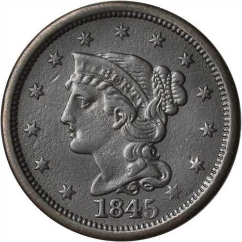 1845 Braided Hair Cent. N-1. Rarity-4. VF-20 Environmental Damage.