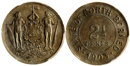 1903-H英属北婆罗州2.5分铜币，PCGS AU55,  少见