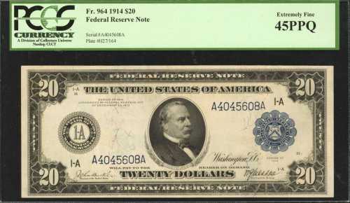 Fr. 964. 1914 $20 Federal Reserve Note. Boston. PCGS Extremely Fine 45 PPQ.