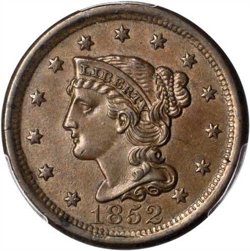 1852 Braided Hair Cent. N-10. Rarity-2. MS-62 BN (PCGS).