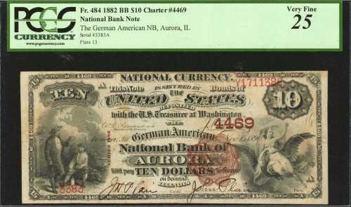 Aurora, Illinois. $10 1882 Brown Back. Fr. 484. The German American NB. Charter #4469. PCGS Very Fin