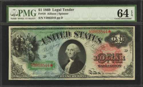 Fr. 18. 1869 $1 Legal Tender Note. PMG Choice Uncirculated 64 EPQ.