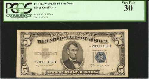 Fr. 1657*. 1953B $5 Silver Certificate Star Note. PCGS Very Fine 30.