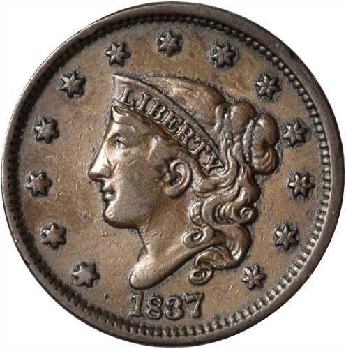 1837 Modified Matron Head Cent. N-9. Rarity-1. Head of 1838. VF-30.