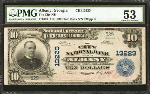 Albany, Georgia. $10 1902 Plain Back. Fr. 637. The City NB. Charter #13223. PMG About Uncirculated 5