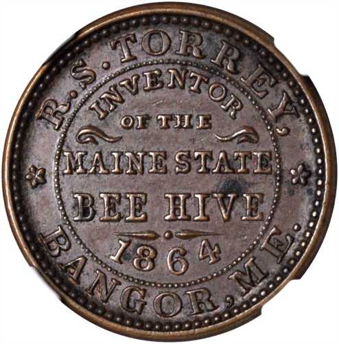 Maine--Bangor. 1864 R.S. Torrey. Fuld-100A-2a. Rarity-3. Copper. 19 mm. MS-62 BN (NGC).