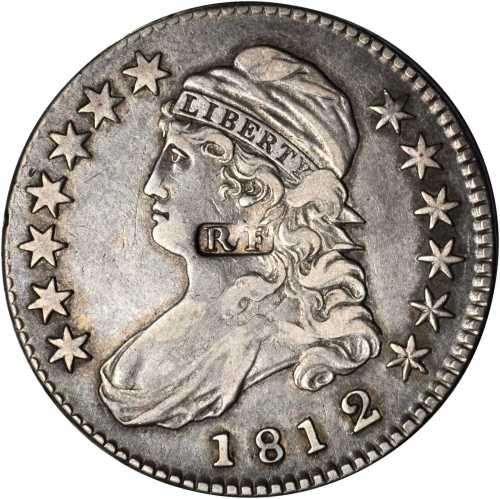R F within a small incuse rectangular punch on an 1812 Capped Bust half dollar. Brunk-Unlisted, Rula