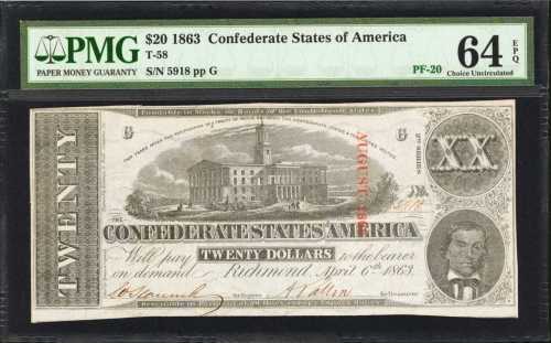 T-58. Confederate Currency. 1863 $20. Hammer Cut Cancelled. PMG Choice Uncirculated 64 EPQ.