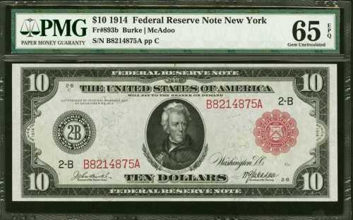 Fr. 893b. 1914 $10 Federal Reserve Note. New York. Red Seal. PMG Gem Uncirculated 65 EPQ.