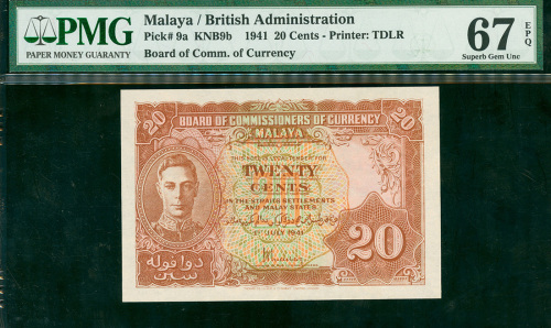 1941年英属马来亚20分，PMG67EPQ, Bruce Smart集藏