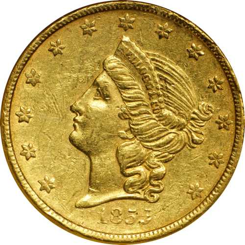 1855 Kellogg & Co. $20. K-3. Rarity-4. Long Arrows. AU-53 (NGC).