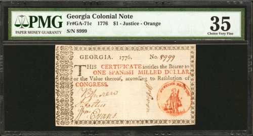 GA-71c. Georgia. 1776. $1. PMG Choice Very Fine 35.