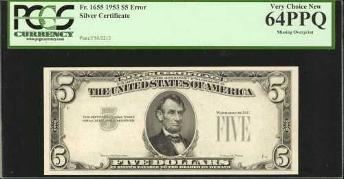 Fr. 1655. 1953 $5 Silver Certificate. PCGS Very Choice New 64 PPQ. Missing Overprint.