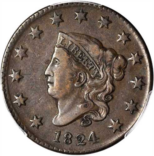 1824 Matron Head Cent. N-3. Rarity-2. EF-40 (PCGS).