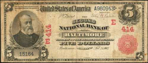 Baltimore, Maryland. $5 1902 Red Seal. Fr. 587. The Second NB. Charter #414. Very Good-Fine.