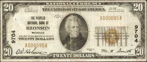 Bronson, Michigan. $20 1929 Ty. 1. Fr. 1802-1. The Peoples NB. Charter #9704. Fine.