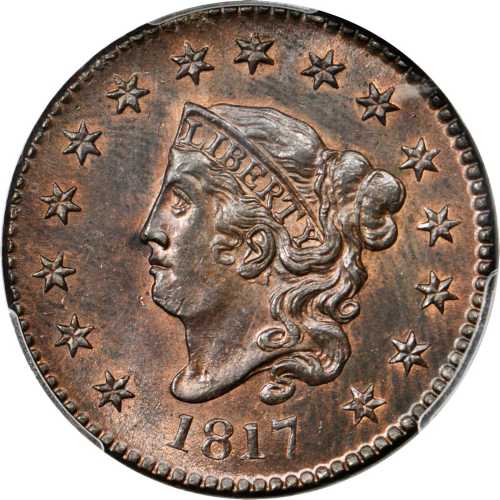 1817 Matron Head Cent. N-16. Rarity-1. 15 Stars. MS-64 RB (PCGS). CAC.