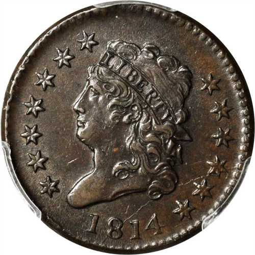 1814 Classic Head Cent. S-295. Rarity-1. Plain 4. AU-58 BN (PCGS).